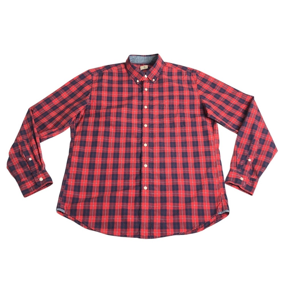 Sewn For J Crew Shirt Mens Large Red Black Plaid 2 Ply Cotton Button Up Preppy